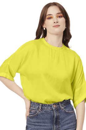 solid viscose round neck women's top - yellow