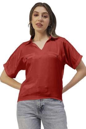 solid viscose v neck women's top - red