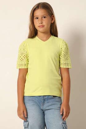 solid viscose v-neck girls t-shirt - yellow