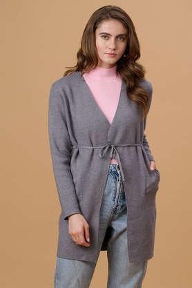solid y-neck acrylic women's casual wear cardigan - grey