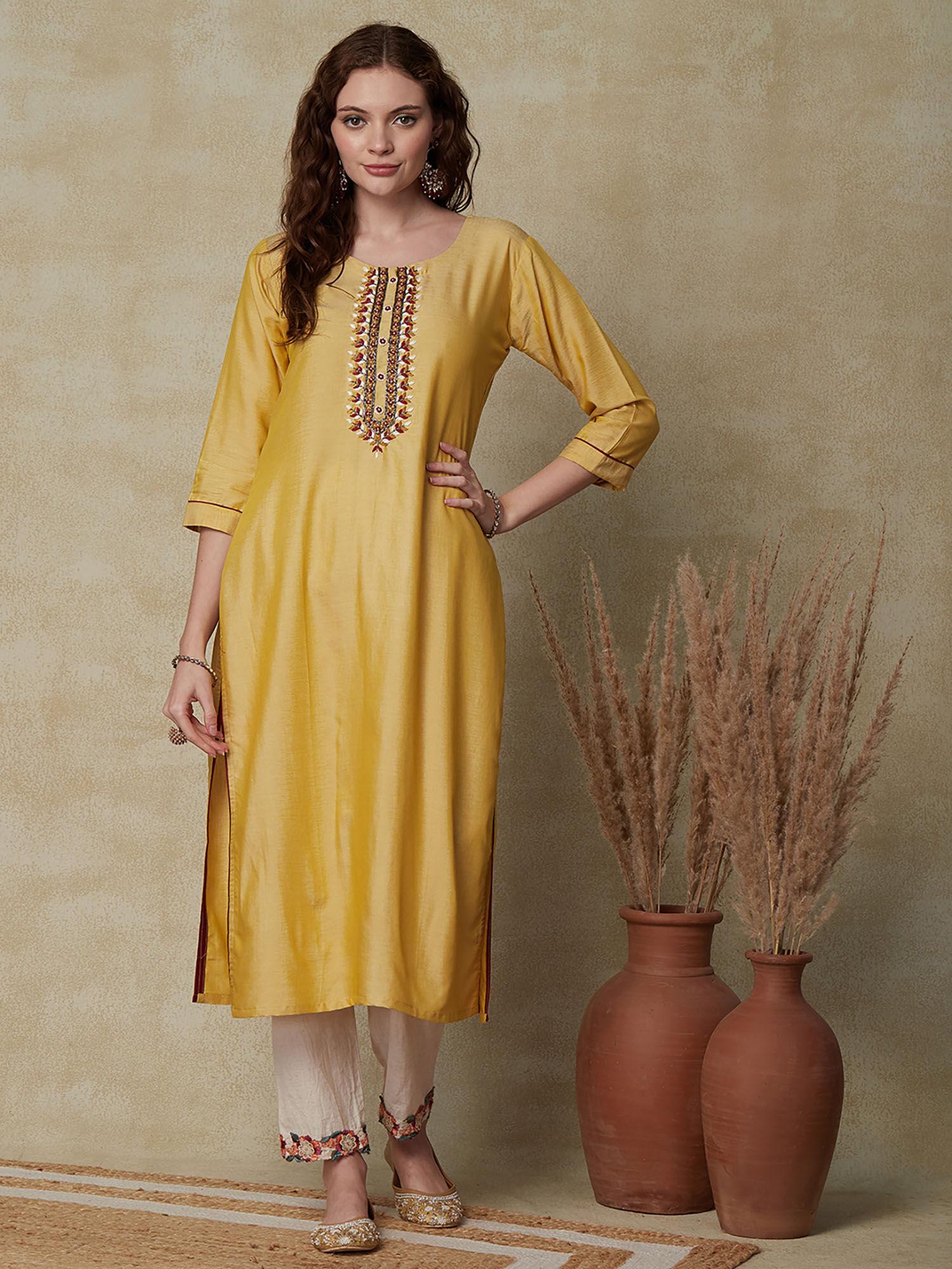 solid, cutdana & pearl embroidered kurta - mustard