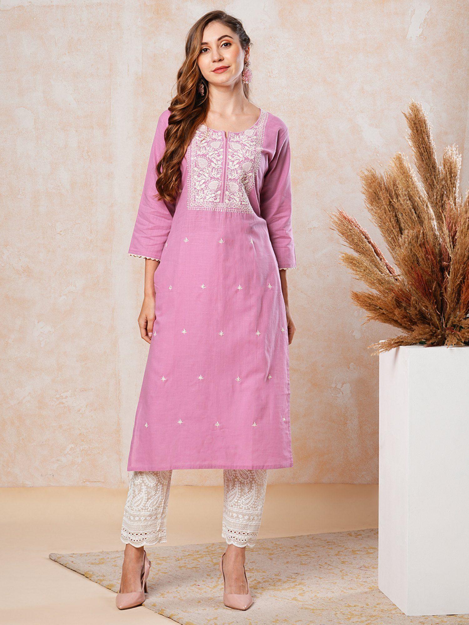 solid & sequins embroidered kurta - pink