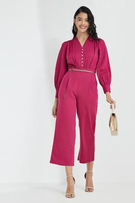 solid 3/4 sleeves polyester women's full length jumpsuit - fuchsia