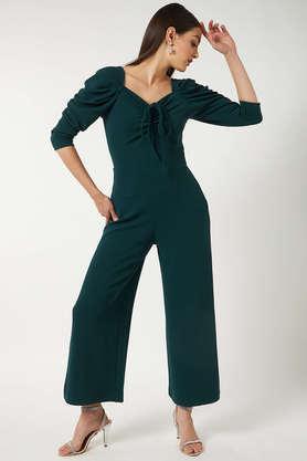 solid 3/4 sleeves polyester women's jumpsuit - green