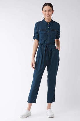 solid 3/4 sleeves rayon women's ankle length jumpsuit - blue