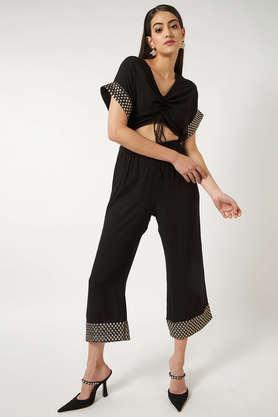 solid 3/4 sleeves rayon women's jumpsuit - black
