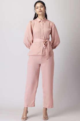solid 3/4 sleeves satin women's shirt with pant & belt co-ord set - pink