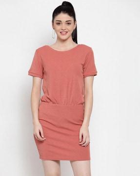 solid a-line dress with elasticated waist