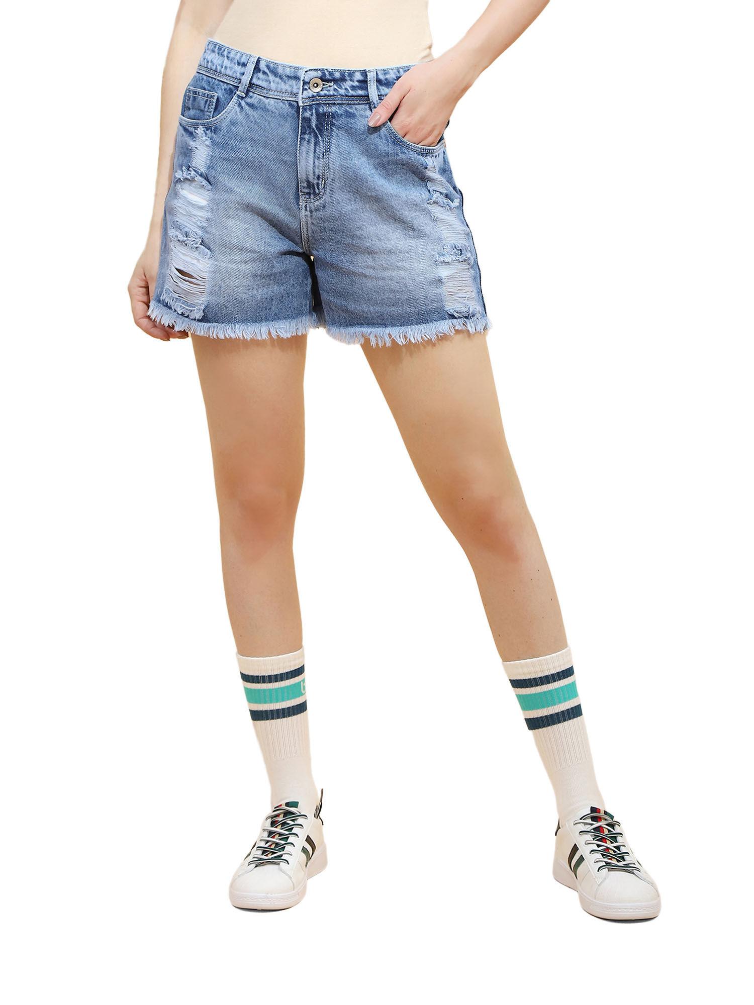 solid above knee cotton regular fit shorts for women dark blue