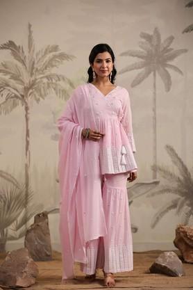 solid above knee cotton women's kurta set - pink