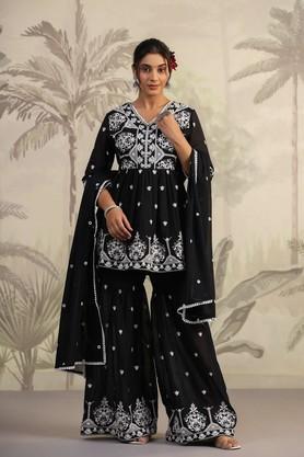 solid above knee cotton woven women's kurta set - black