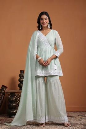 solid above knee cotton woven women's kurta set - green