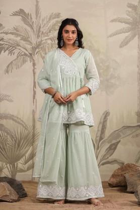 solid above knee cotton woven women's kurta set - green