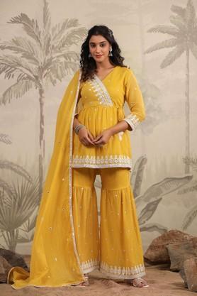 solid above knee cotton woven women's kurta set - mustard