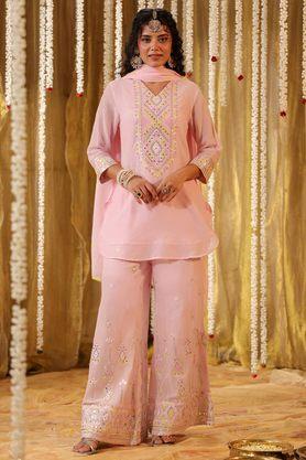 solid above knee cotton woven women's kurta set - pink