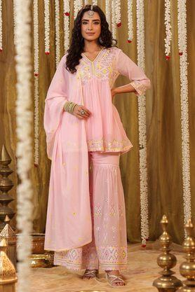 solid above knee cotton woven women's kurta set - pink