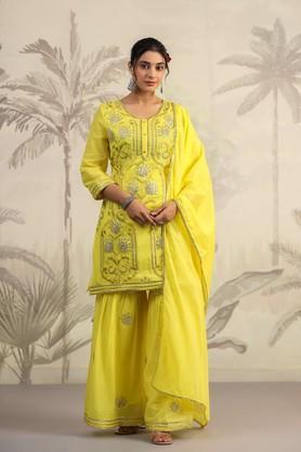 solid above knee cotton woven women's kurta set - yellow