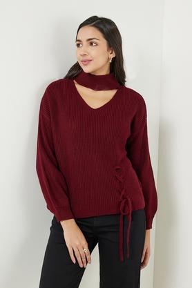 solid acrylic choker neck women's sweater - wine