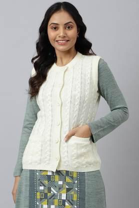 solid acrylic collared women's sweater - white