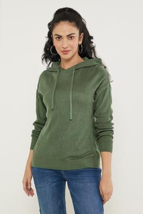 solid acrylic hooded women's sweater - olive