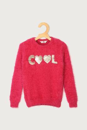 solid acrylic round neck girls sweater - dark pink