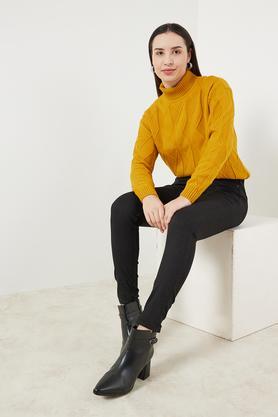 solid acrylic turtle neck women's casual wear sweater - mustard