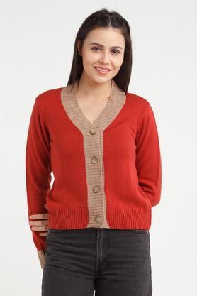 solid acrylic v neck women's cardigan - red