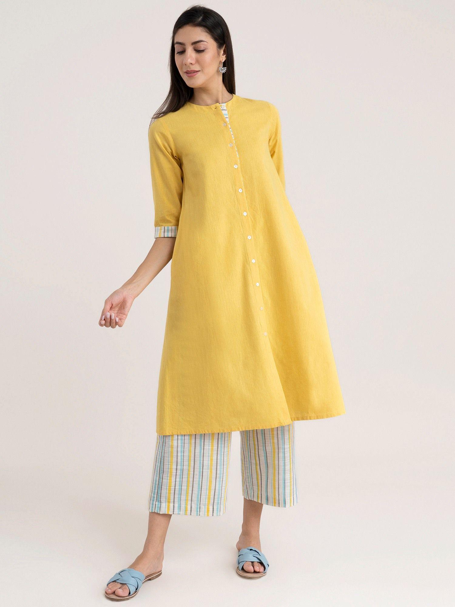 solid and stripe kurta yellow (set of 2)