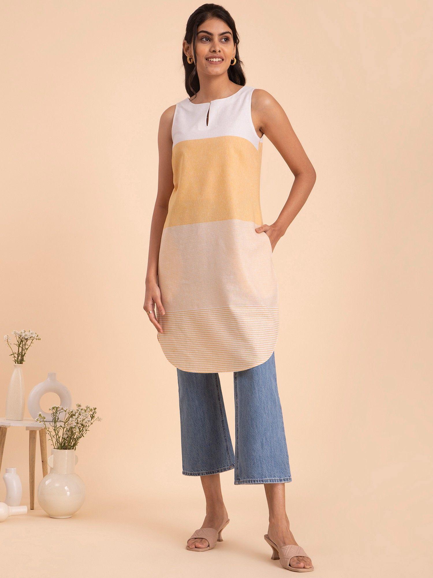 solid and striped cotton kurta - yellow