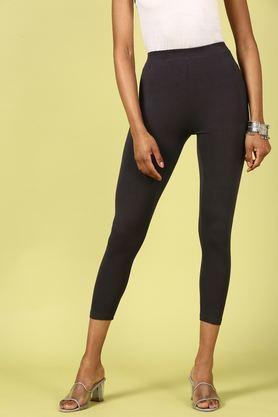 solid ankle length blended fabric women's leggings - dark grey