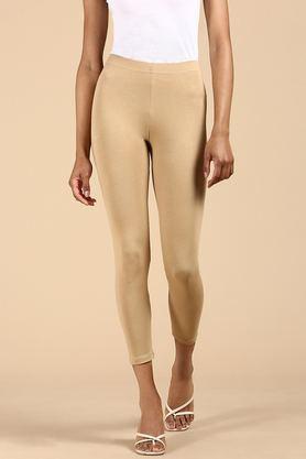 solid ankle length blended fabric women's leggings - nude