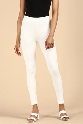 solid ankle length blended fabric women's leggings - off white