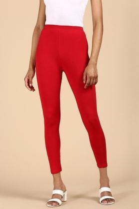 solid ankle length blended fabric women's leggings - red