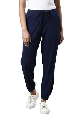 solid ankle length cotton blend women's churidars - navy