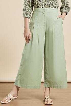 solid ankle length cotton flex woven women's palazzo - green