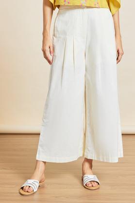 solid ankle length cotton flex woven women's palazzo - off white