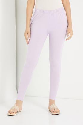 solid ankle length cotton lycra knit women's leggings - lilac