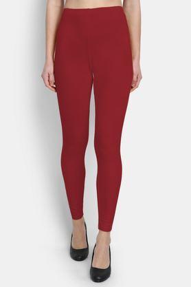 solid ankle length cotton women's leggings - red