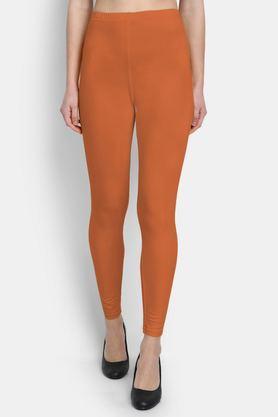 solid ankle length cotton women's leggings - saffron
