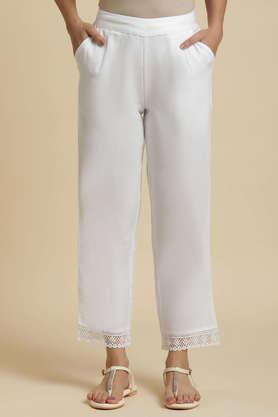 solid ankle length cotton women's pant - ecru