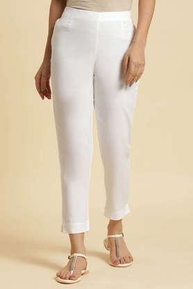 solid ankle length cotton women's pant - ecru