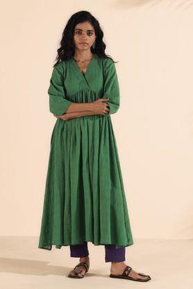 solid ankle length cotton woven women's kurta set - green