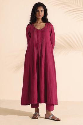 solid ankle length cotton woven women's kurta set - red