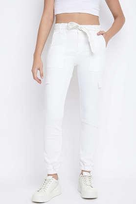 solid ankle length denim women's joggers - white