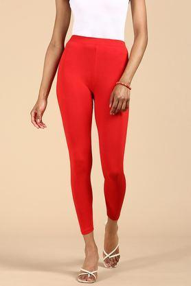 solid ankle length viscose women's leggings - red