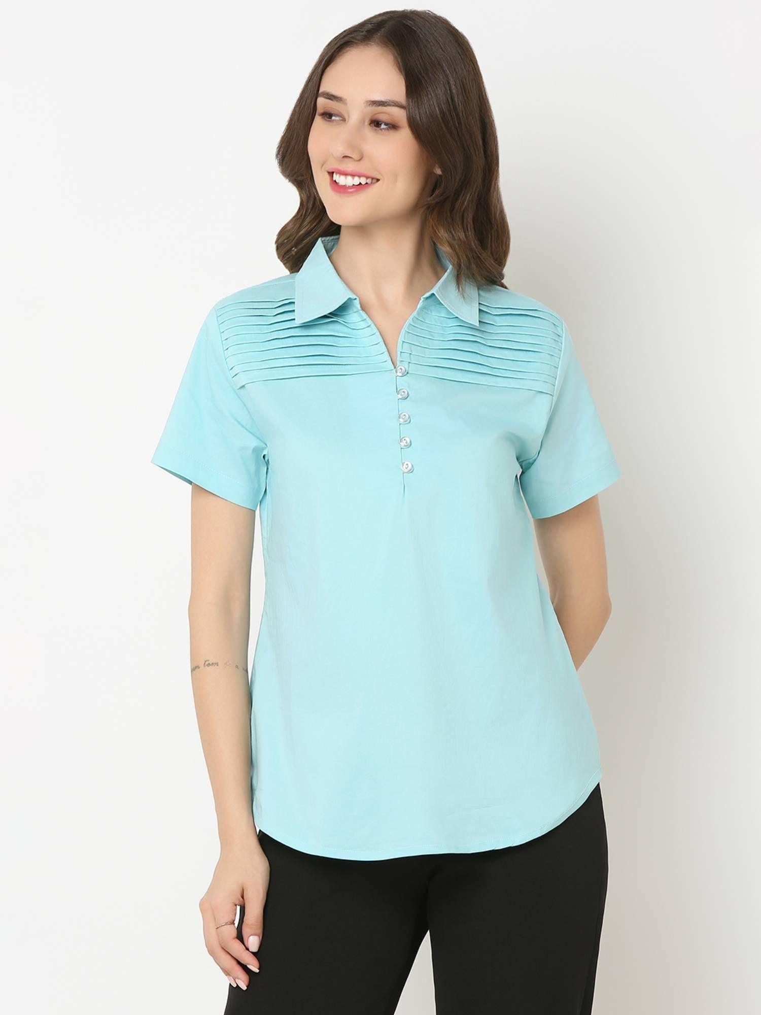 solid aqua blue pleating details at the yoke top