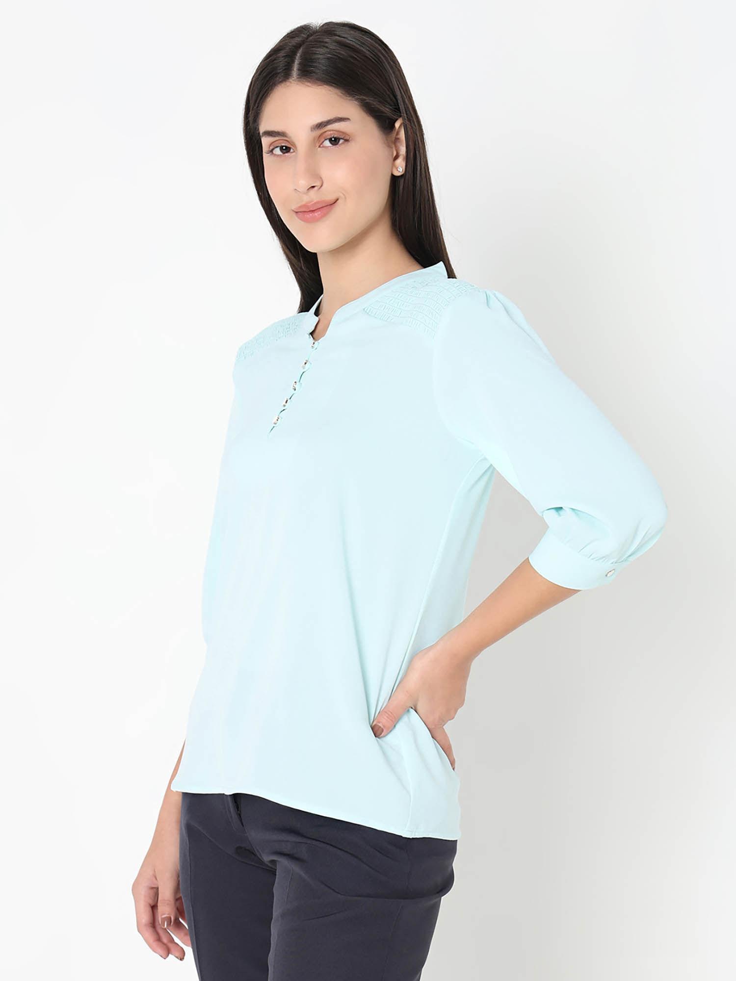 solid aqua mandarin neck top with smocking detailing