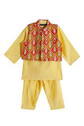 solid art silk mandarin boys kurta pyjama jacket set - yellow