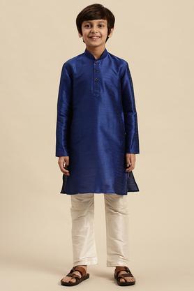 solid art silk regular fit boy's kurta pyjama set - blue