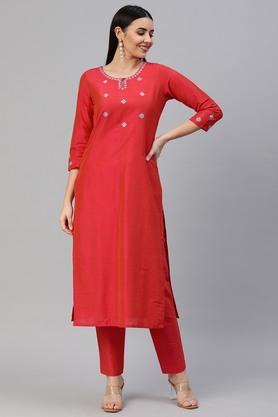 solid art silk round neck women's straight kurta - peach